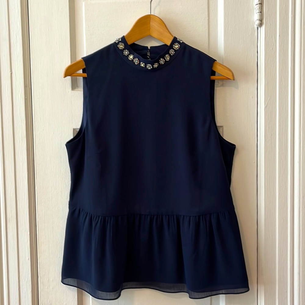 J.Crew NWT Navy Blue jeweled neck peplum top